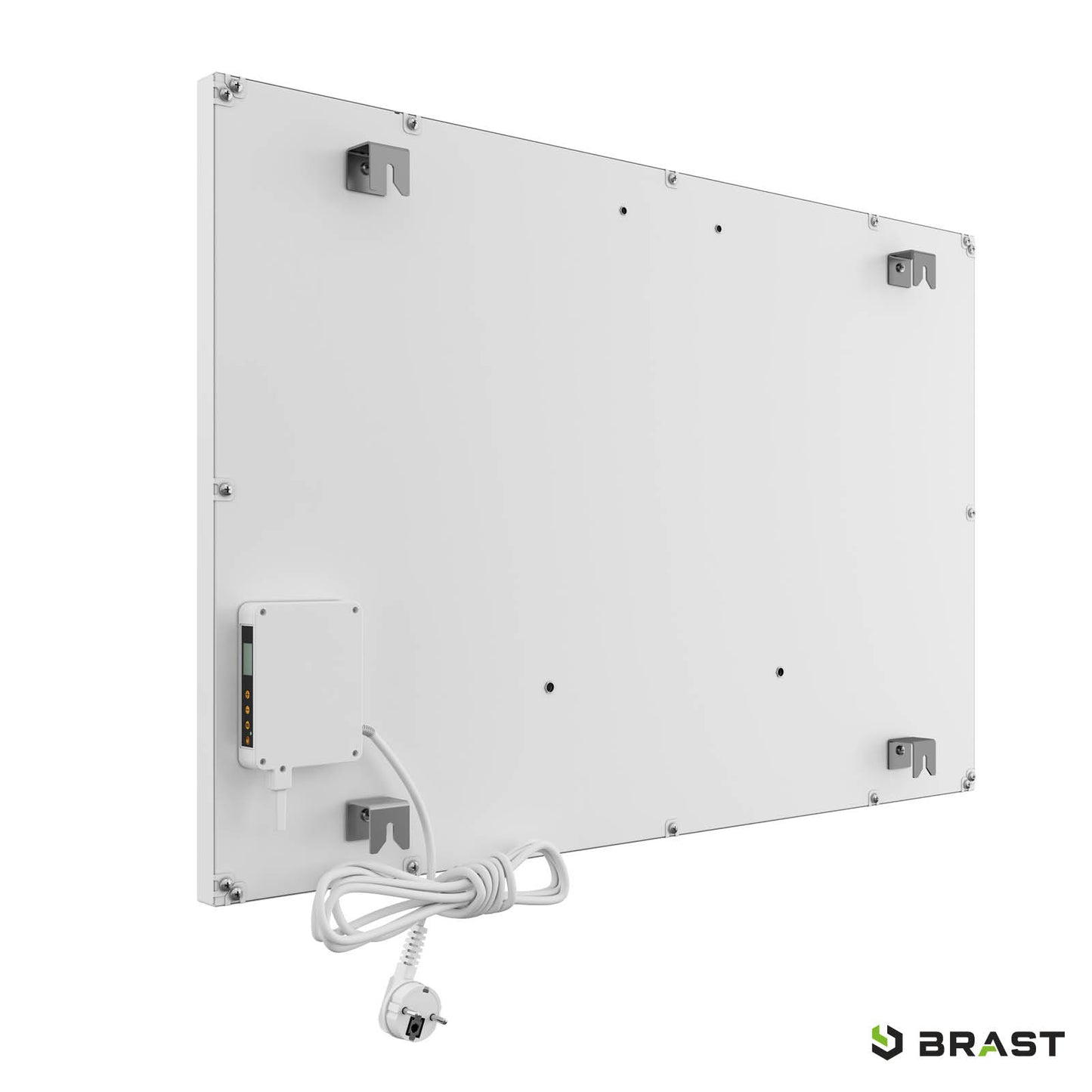 Weißes rechteckiges Infrarotheizungs-Standgerät mit Thermostat, flaches Design, Kabelanschluss unten links.