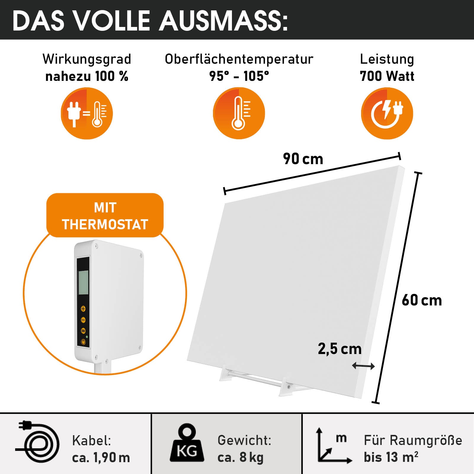 Weißes rechteckiges Infrarotheizgerät 90x60 cm, 2,5 cm dünn, mit digitalem Thermostat und 190 cm Kabel.