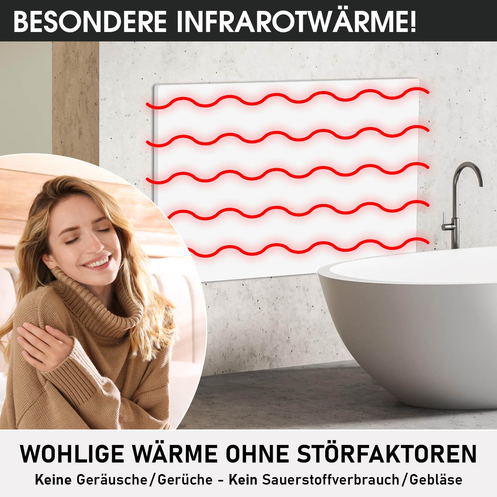Weißes quadratisches Infrarotheizpaneel an weißer Wand über Badewanne mit roter Wellengrafik.