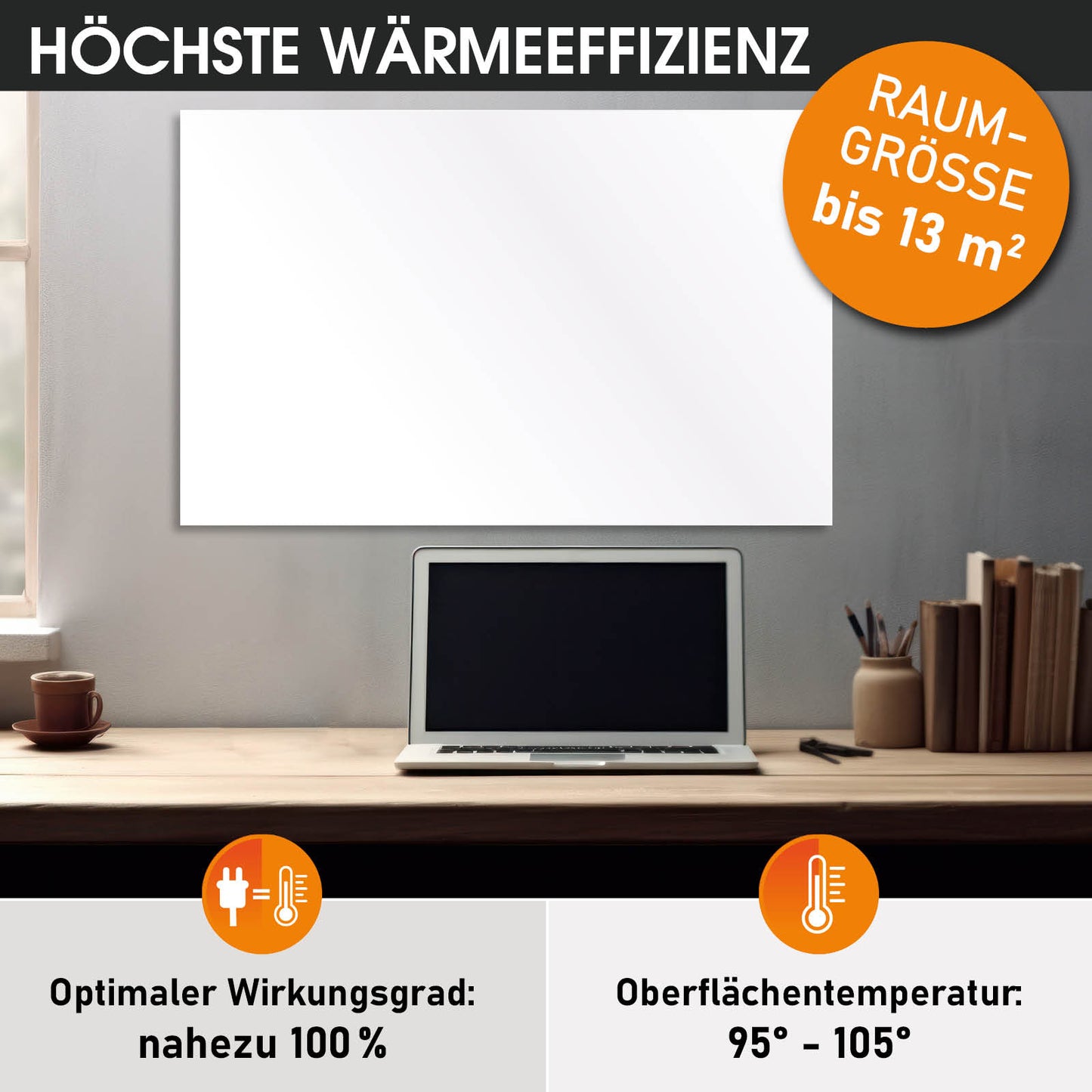 Weißes rechteckiges Infrarotheizpaneel an grauer Wand über Holztisch mit Laptop und Büchern.