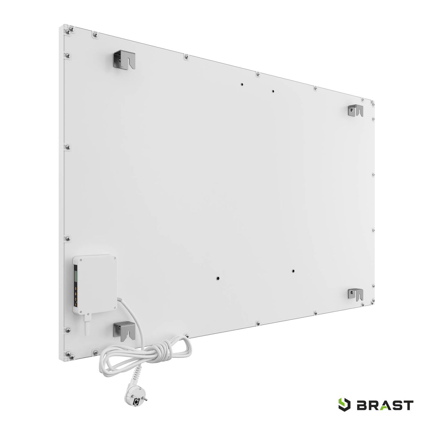 Weiße Infrarotheizung Standgerät mit Thermostat und Kabel, rechteckig, flaches Design.