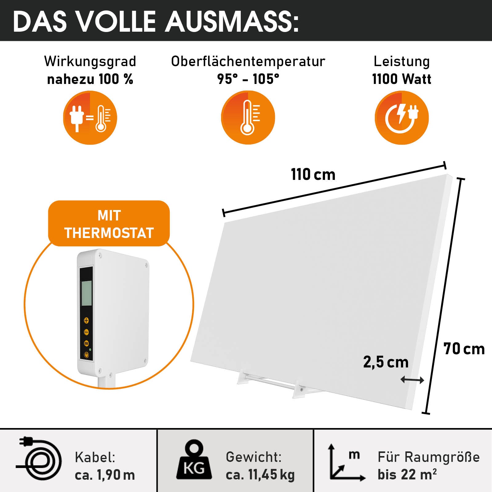 Weißes Infrarotheizung-Standgerät 1100W, 110x70x2,5 cm mit digitalem Thermostat und Bedienfeld an der Seite.