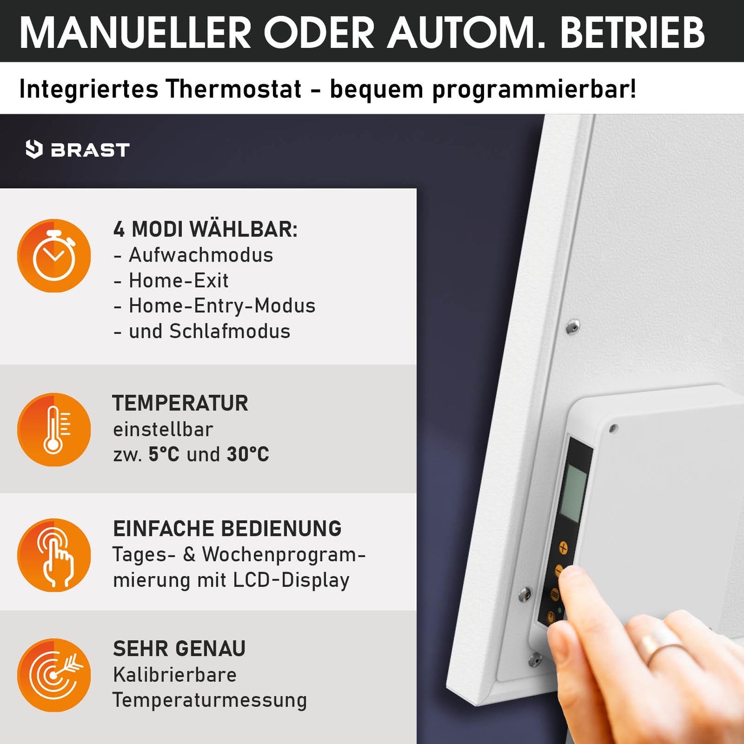 Weißes, rechteckiges Infrarotheizungs-Standgerät mit integriertem Thermostat und Steuerungstasten an der Seite.