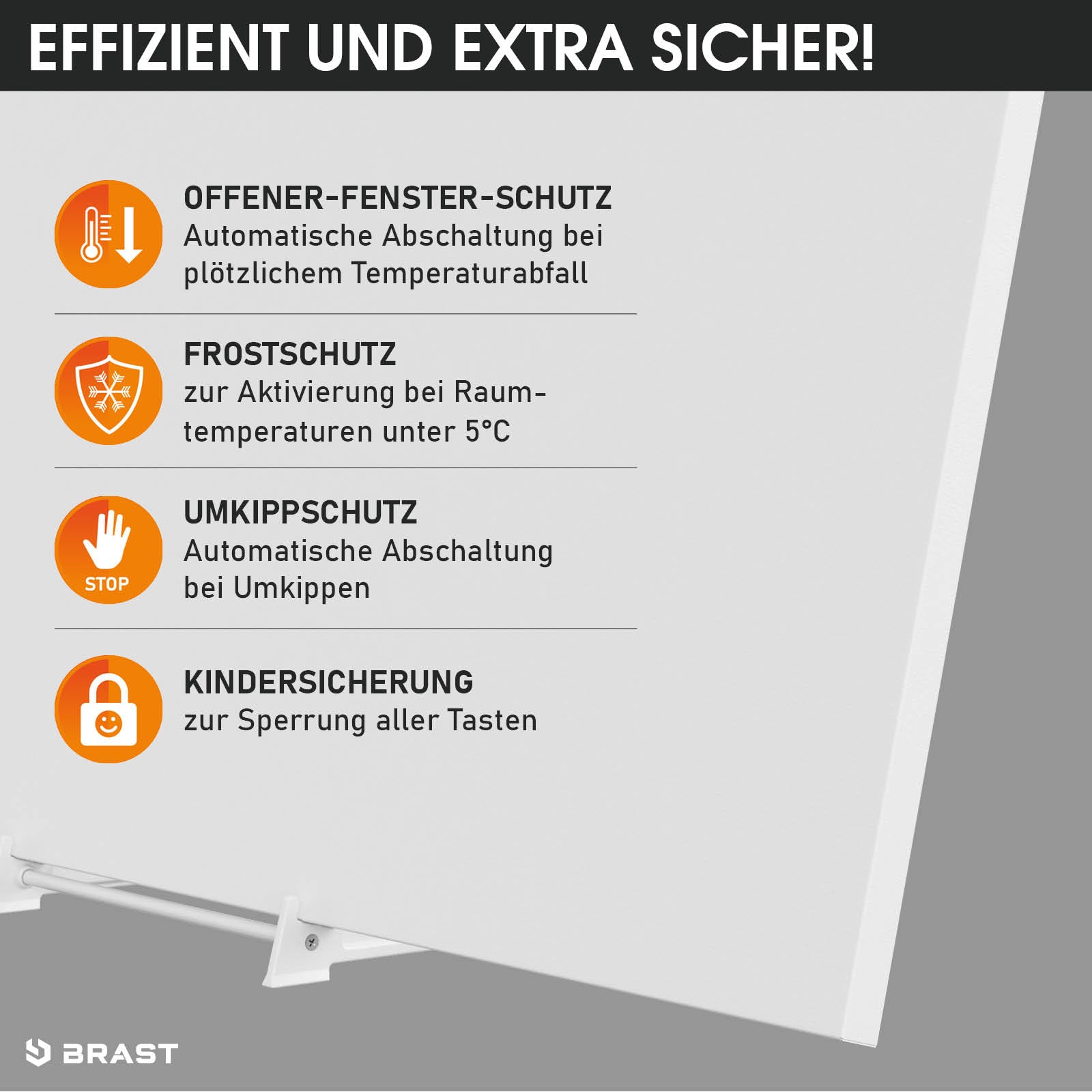Weiße Infrarotheizung Standgerät mit Thermostat, glatte Frontfläche und Sicherheitshinweise.