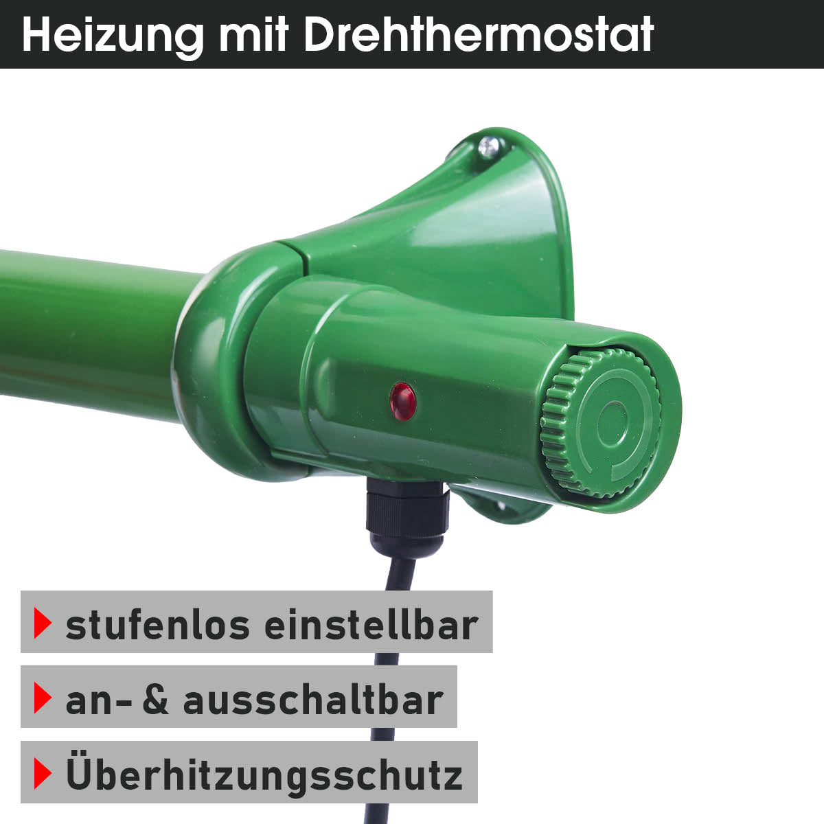 Gewächshausheizung mit stufenlos einstellbarem Drehthermostat und Überhitzungsschutz