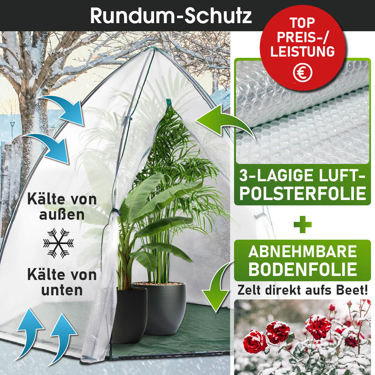 Überwinterungszelt für Pflanzen mit 3-lagiger Luftpolsterfolie und abnehmbarer Bodenfolie zum Aufstellen direkt über Beeten