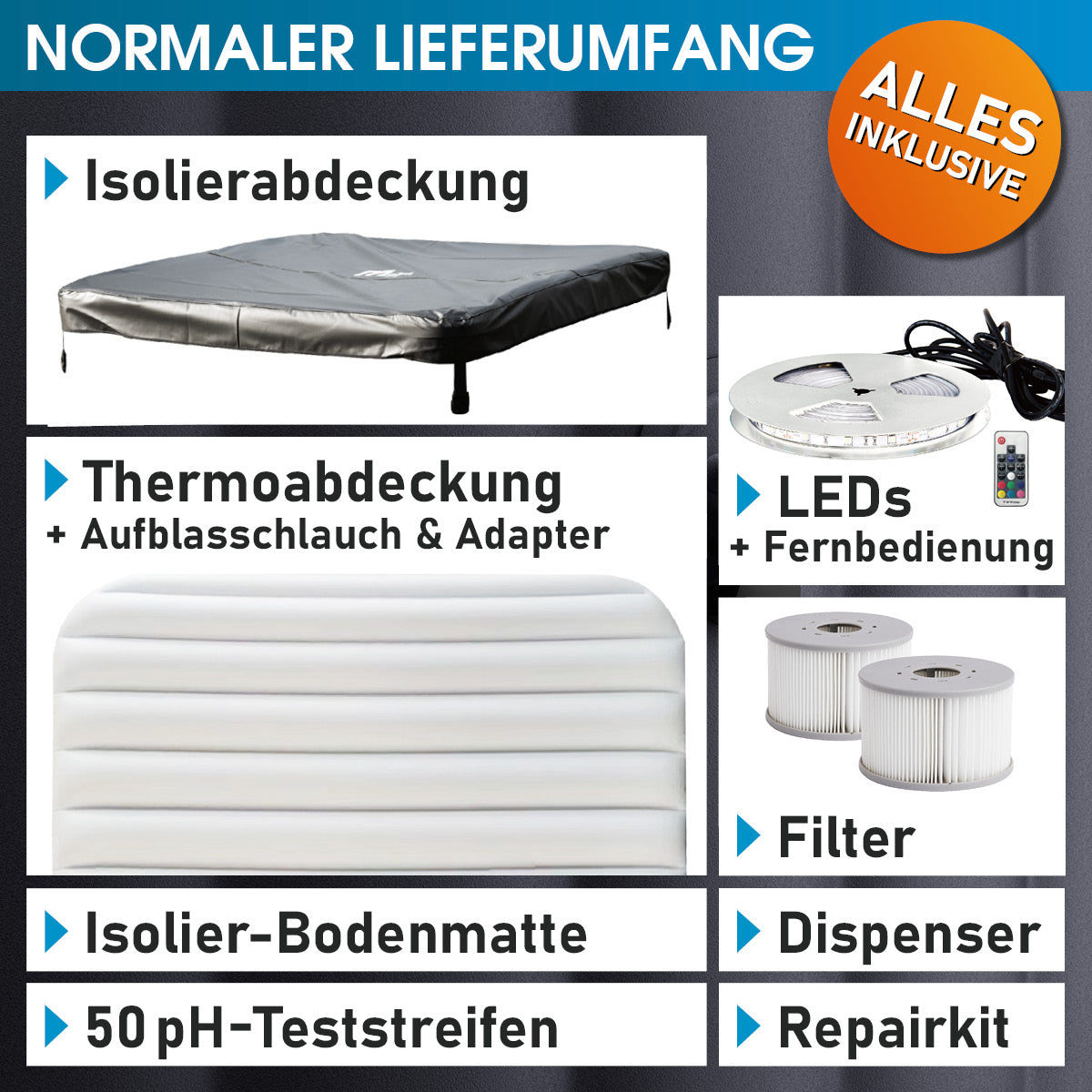 Schwarze Isolierabdeckung, weiße Thermoabdeckung mit Rillen, LED-Leuchten, Filter und Zubehör für 6-Personen-Whirlpool.