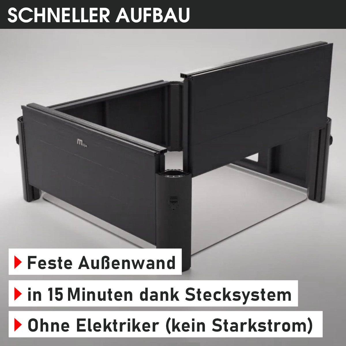 Schwarze feste Außenwand für eckigen Whirlpool mit Stecksystem, halbfest, ohne Elektriker.