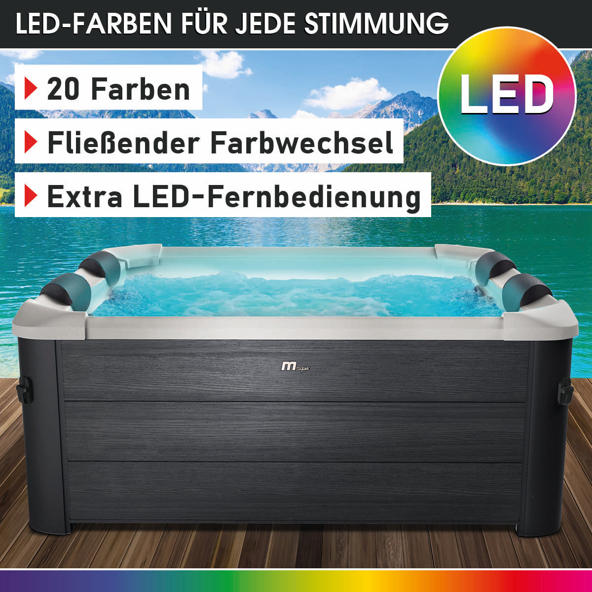 Eckiger schwarzer Whirlpool für 6 Personen mit klarem Wasser und LED-Beleuchtung, moderne Holzoptik außen.