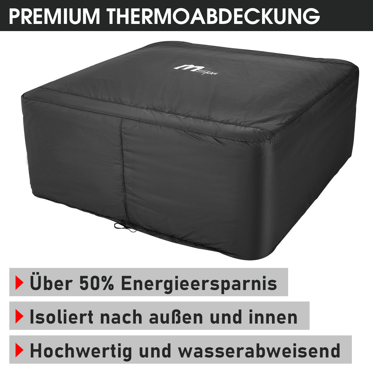 Schwarze, wasserdichte Thermoabdeckung für eckigen Whirlpool, isolierend und strapazierfähig.