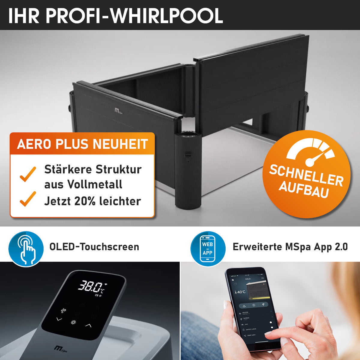 Dunkelgrahes, halbfestes Whirlpool-Gehäuse mit OLED-Touchscreen und Smartphone-App-Steuerung.