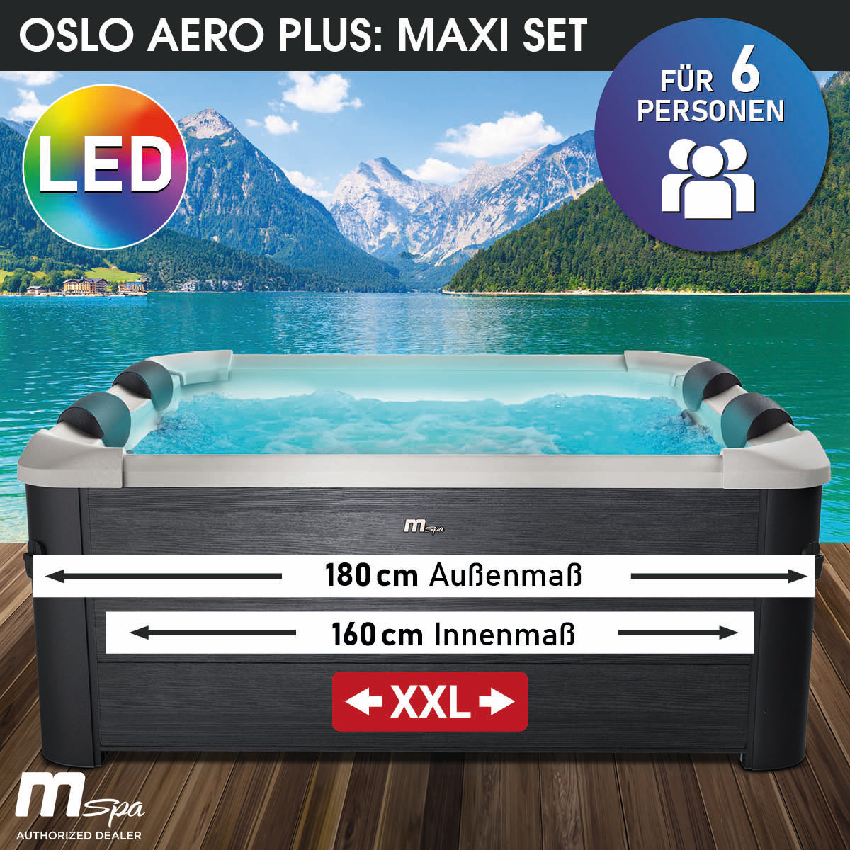 Eckiger schwarzer Whirlpool für 6 Personen mit blauer LED-Beleuchtung und gepolsterten Kopfstützen, außen 180 cm, innen 160.