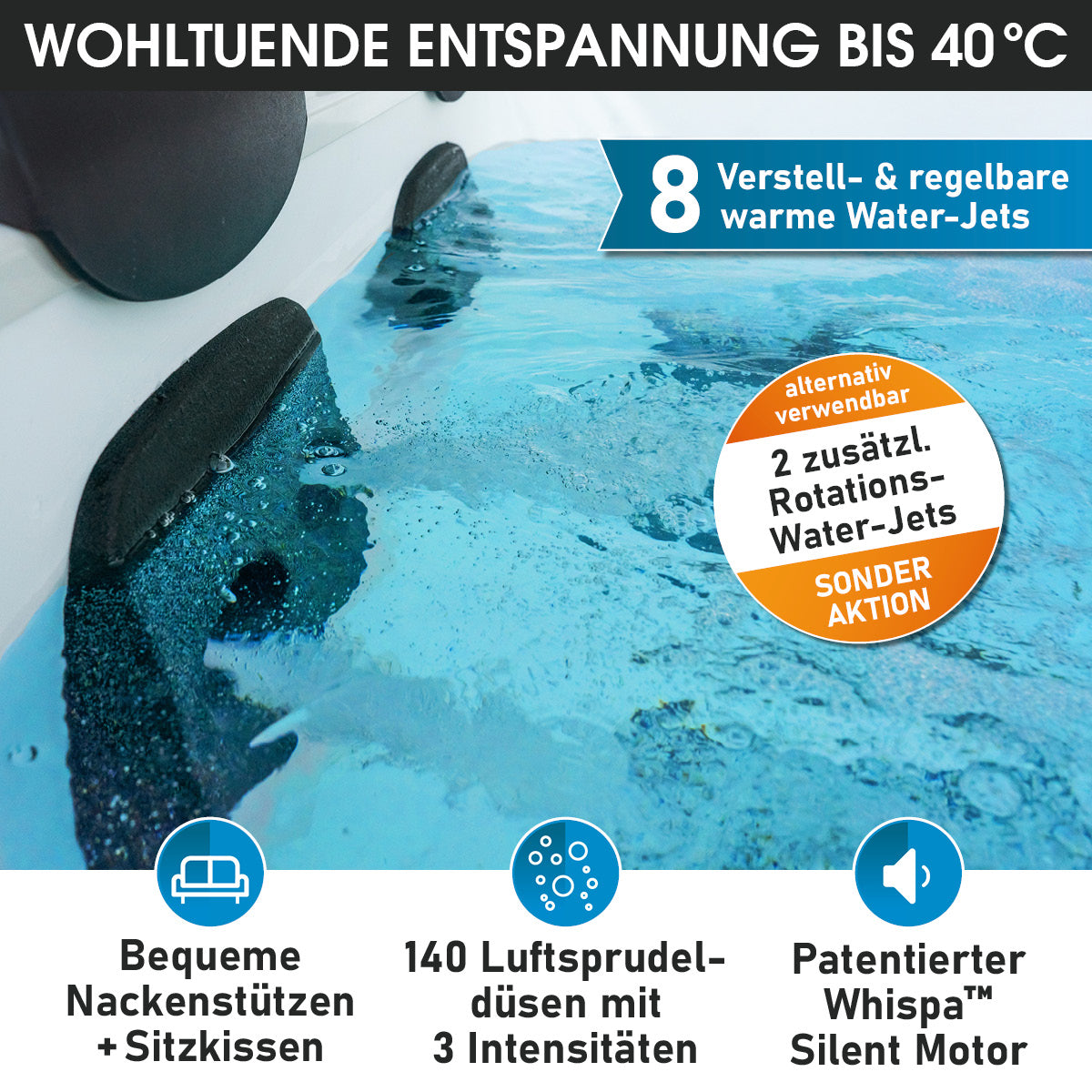 Elektrischer runder Whirlpool mit blauen LED-Lichtern und schwarzen Nackenkissen für 6 Personen.