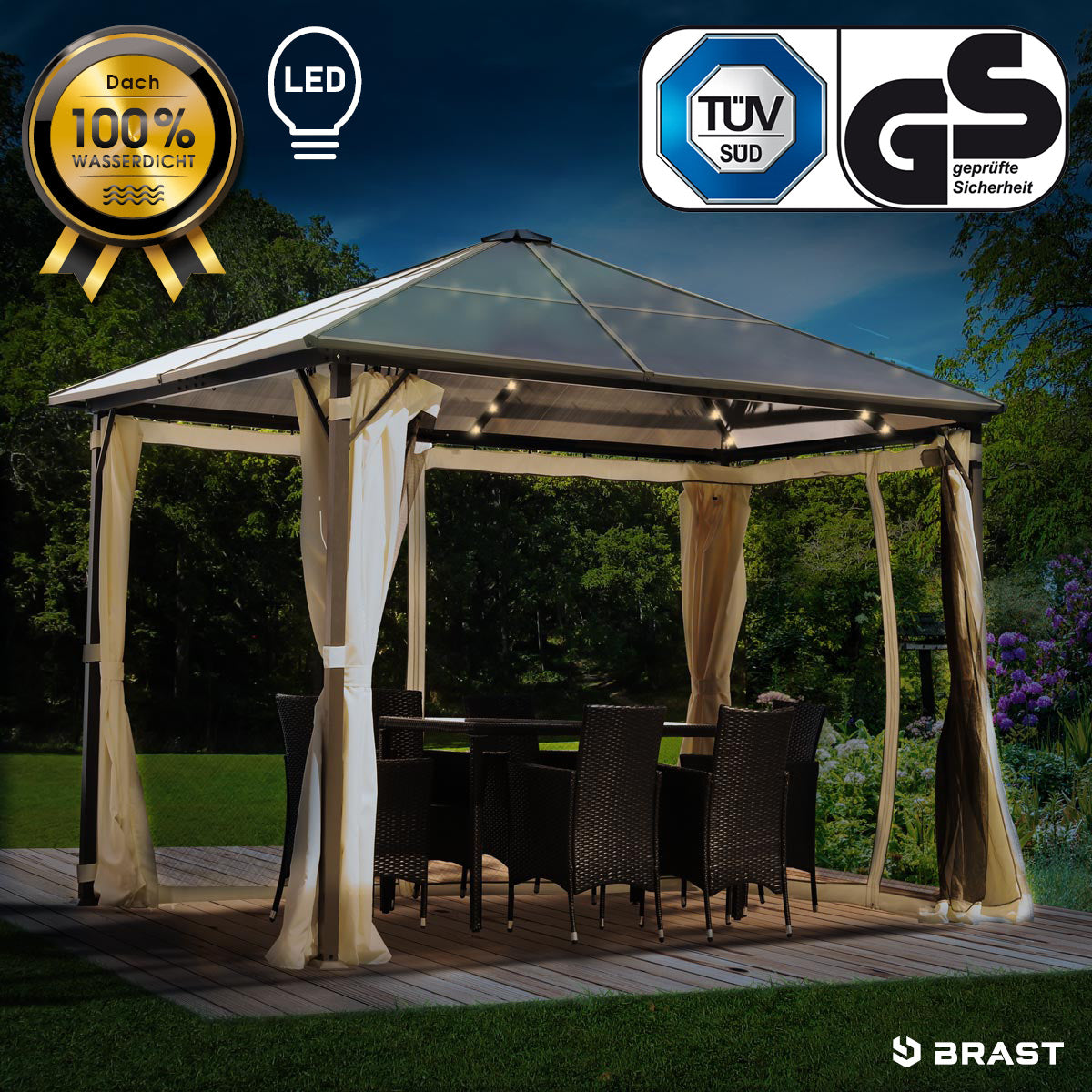 Beiger Alu-Gartenpavillon 3x3m mit transparentem Dach und LED-Beleuchtung, Vorhänge geöffnet, Gartenmöbel darunter.