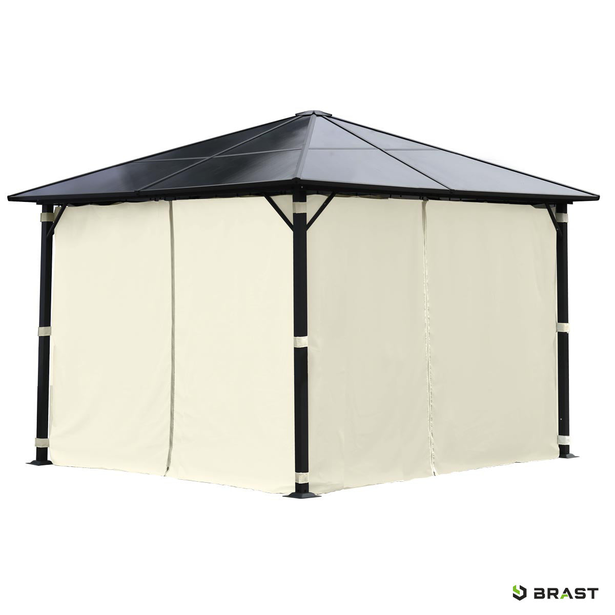 Beiger 3x3m Aluminium-Gartenpavillon mit schwarzem Dach und geschlossenen Seitenwänden.