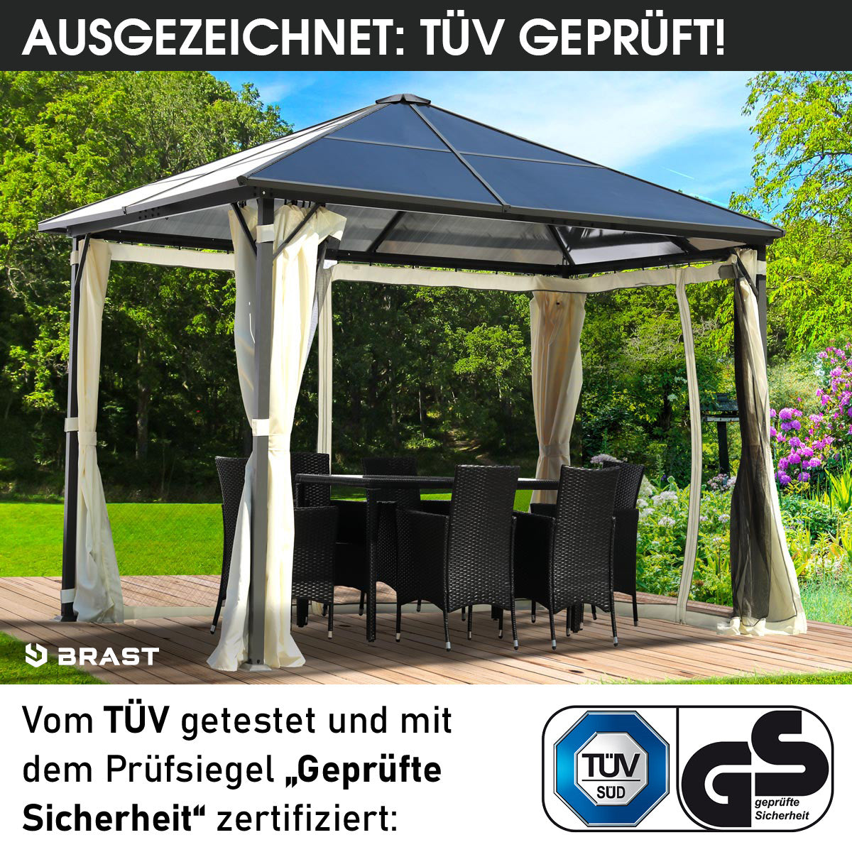 Beiger Aluminium-Gartenpavillon 3x3m mit transparentem Dach und LED-Beleuchtung.
