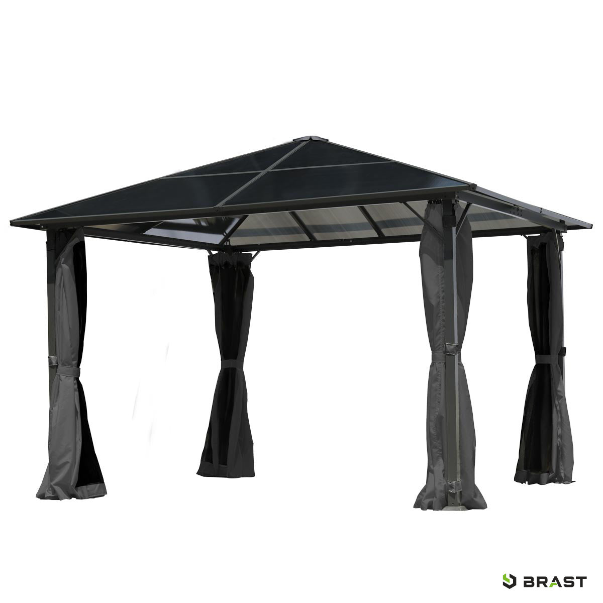 Grauer Aluminium-Gartenpavillon 3x3m mit spitzem Dach und integrierten LED-Leuchten, seitliche Vorhänge gebunden.