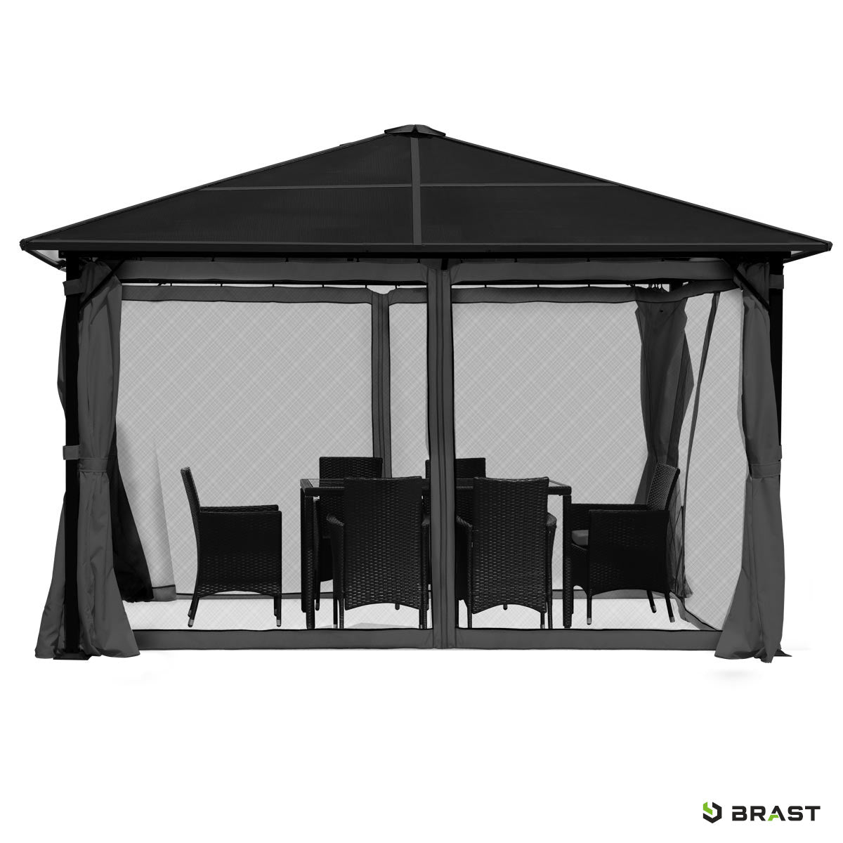 Grauer Aluminium-Gartenpavillon 3x3 m mit schwarzem Moskitonetz und Sitzgruppe inklusive vier Stühlen und Tisch.