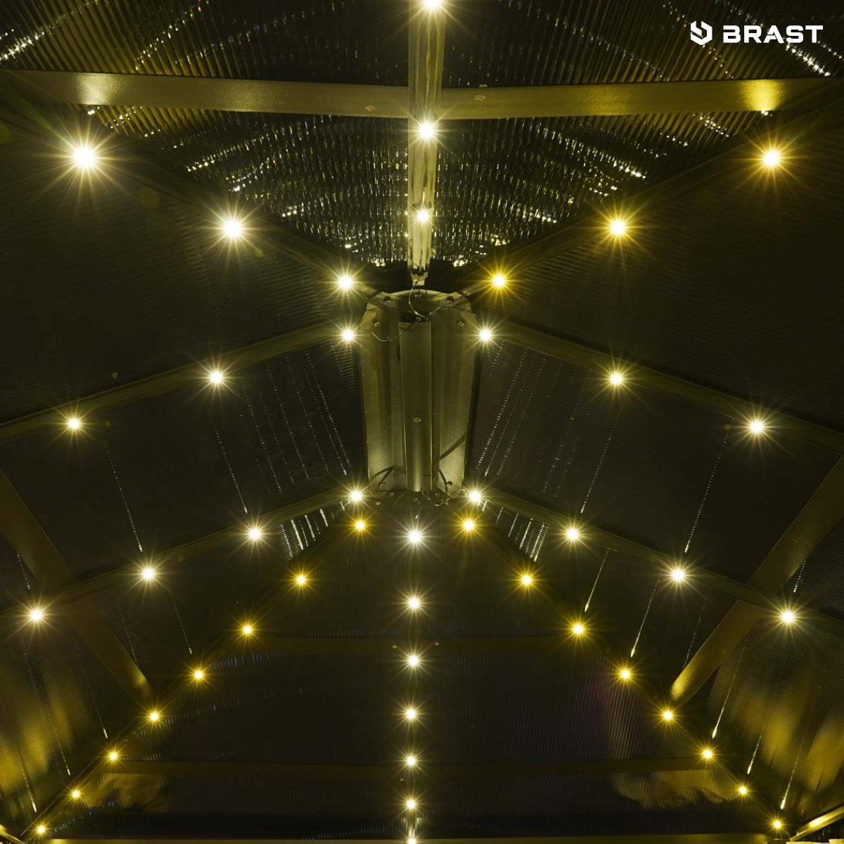 Grau lackierter Aluminium-Gartenpavillon 3x3m mit integrierten warmweißen LED-Leuchten am Dachrahmen.