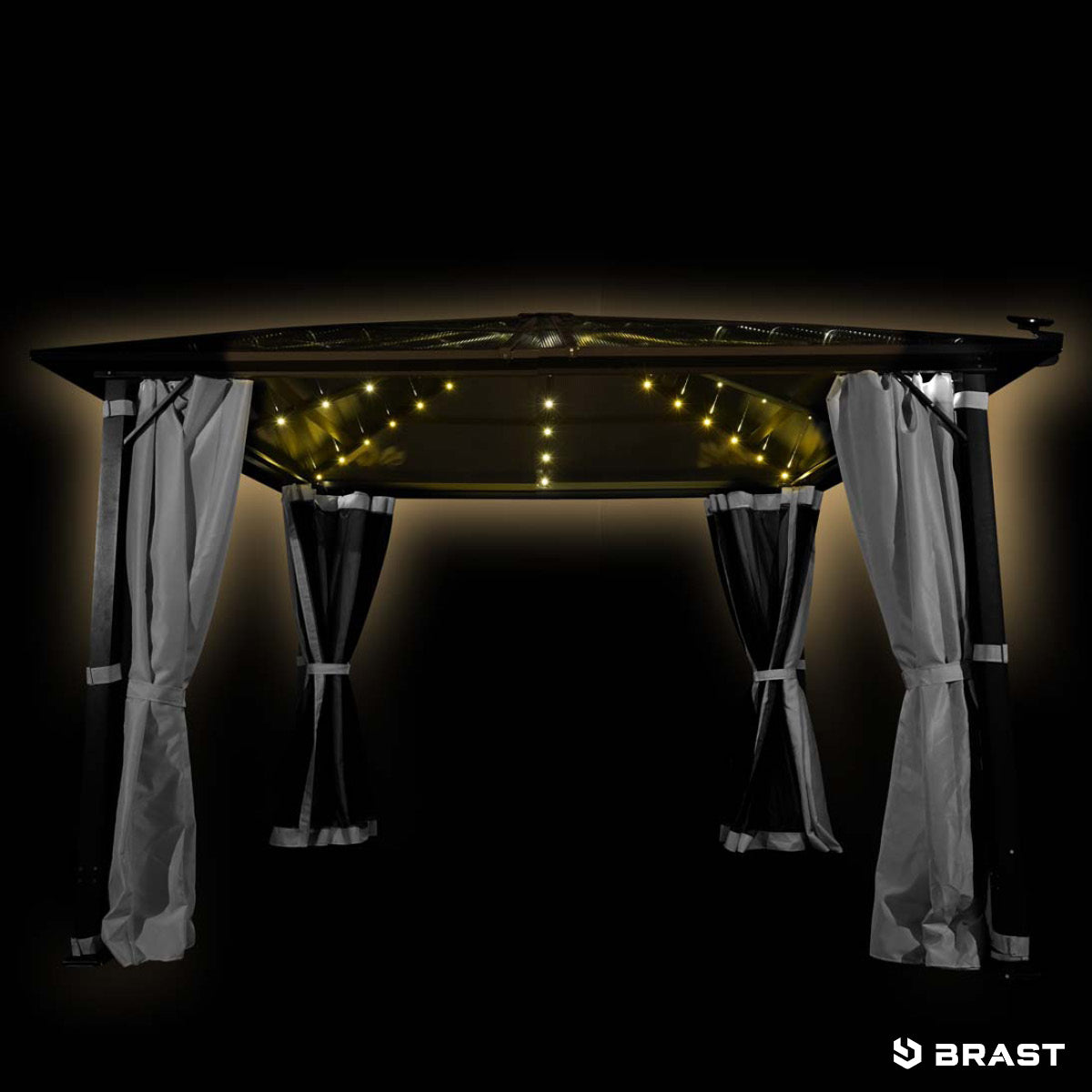 Grauer Aluminium-Gartenpavillon 3x3 m mit LED-Lichterkette und Vorhängen an den Ecken.