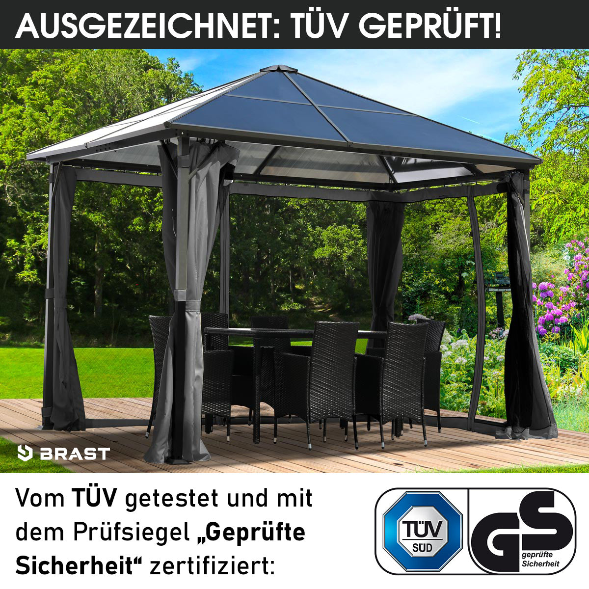 Grauer Aluminium-Gartenpavillon 3x3 m mit LED-Beleuchtung und transparentem Dach.