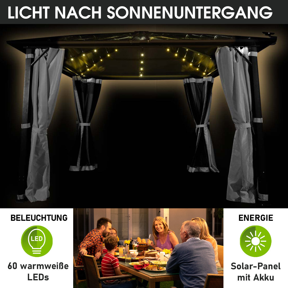 Grau beschichteter Aluminium-Pavillon 3x3 m mit warmweißen LED-Lichterketten und seitlichen Vorhängen.