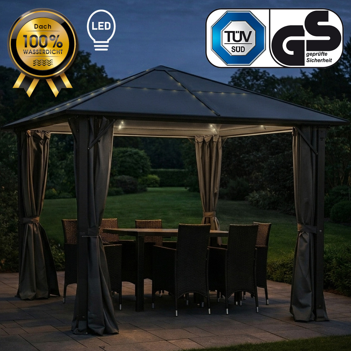 Alu Pavillon PREMIUM 3x3m grau inkl. LEDs