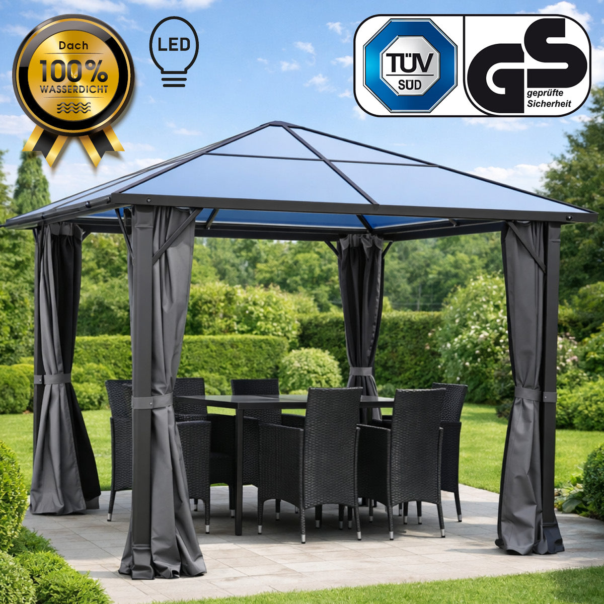 Alu Pavillon PREMIUM 3x3m grau inkl. LEDs