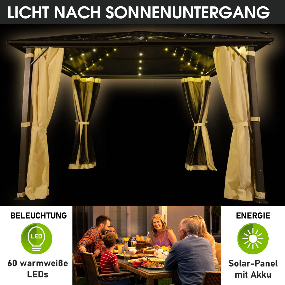 Alu Pavillon PREMIUM 3x3m beige inkl. LEDs