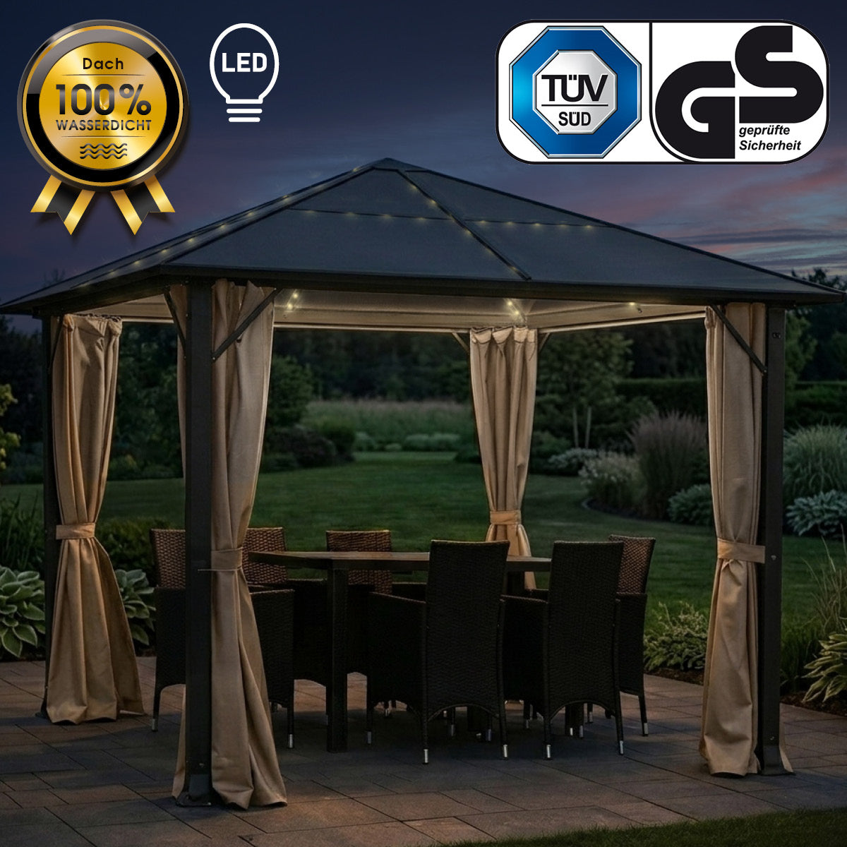 Alu Pavillon PREMIUM 3x3m beige inkl. LEDs