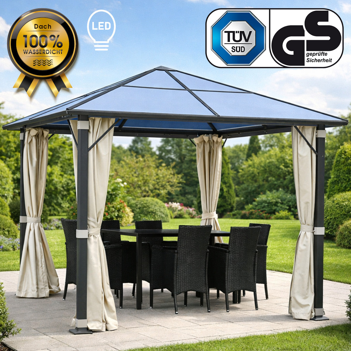 Alu Pavillon PREMIUM 3x3m beige inkl. LEDs