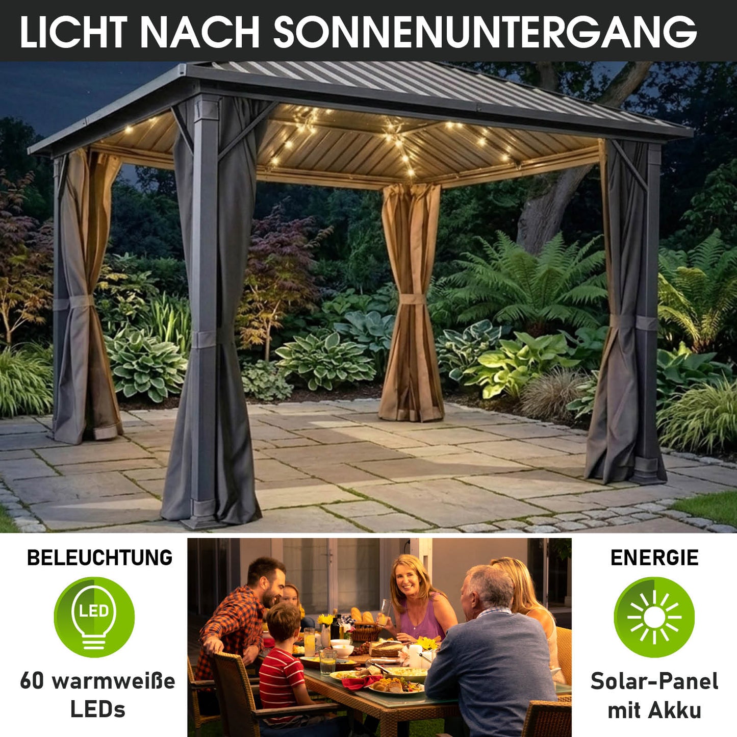 Alu Pavillon MIAMI mit Stahldach 3x3 inkl. LEDs