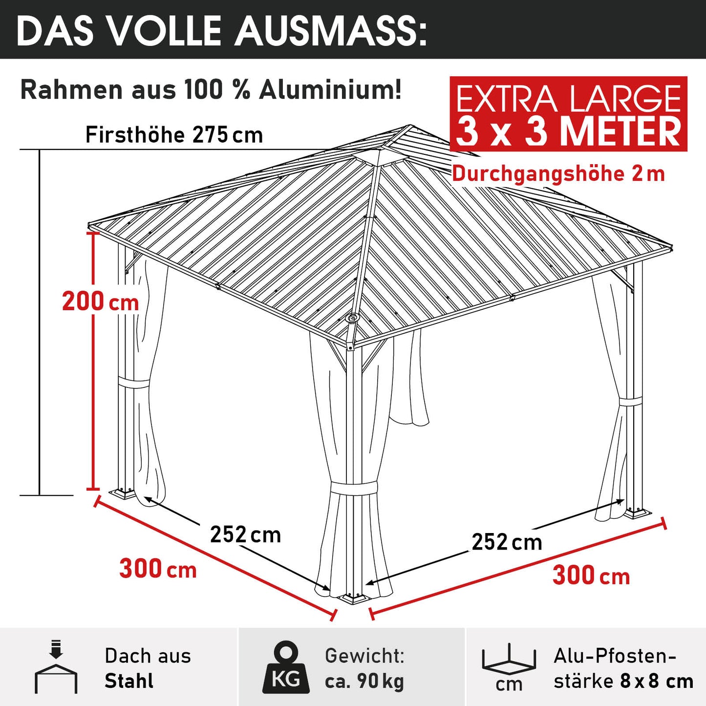 Alu Pavillon MIAMI mit Stahldach 3x3 inkl. LEDs
