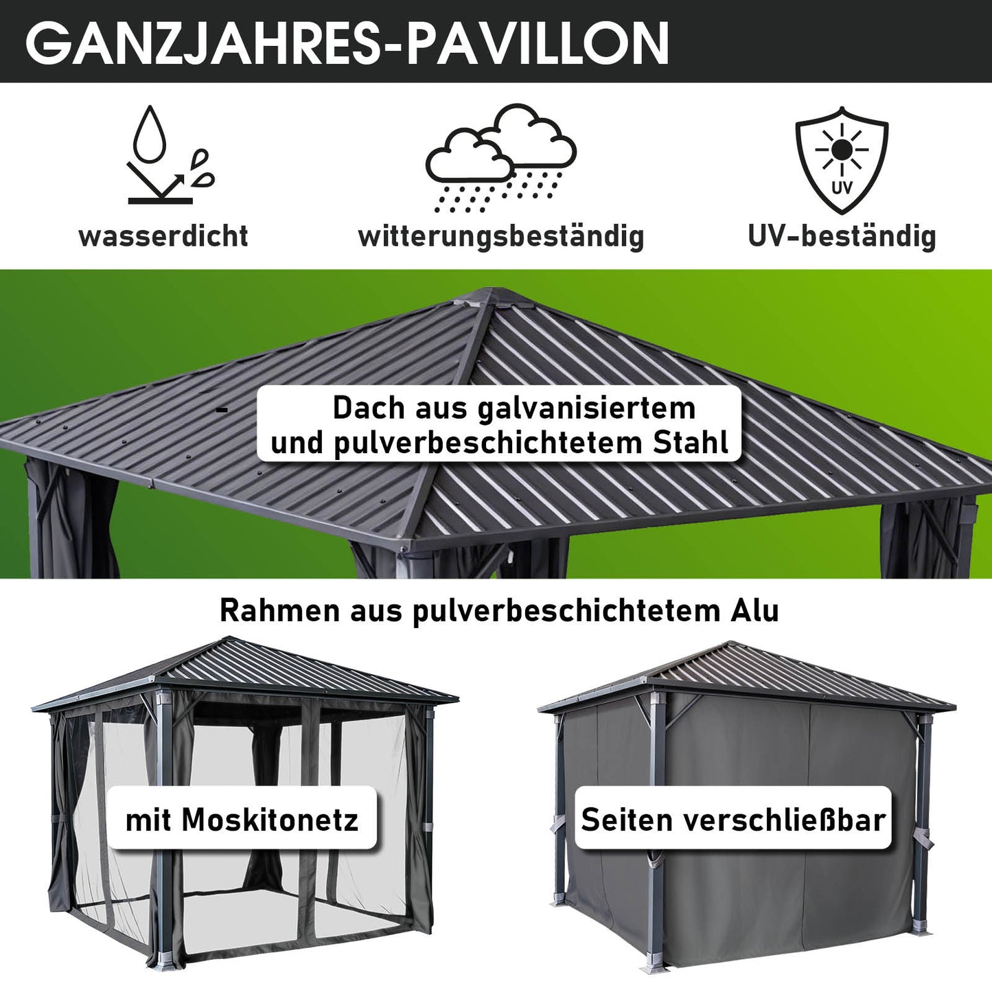 Alu Pavillon MIAMI mit Stahldach 3x3 inkl. LEDs