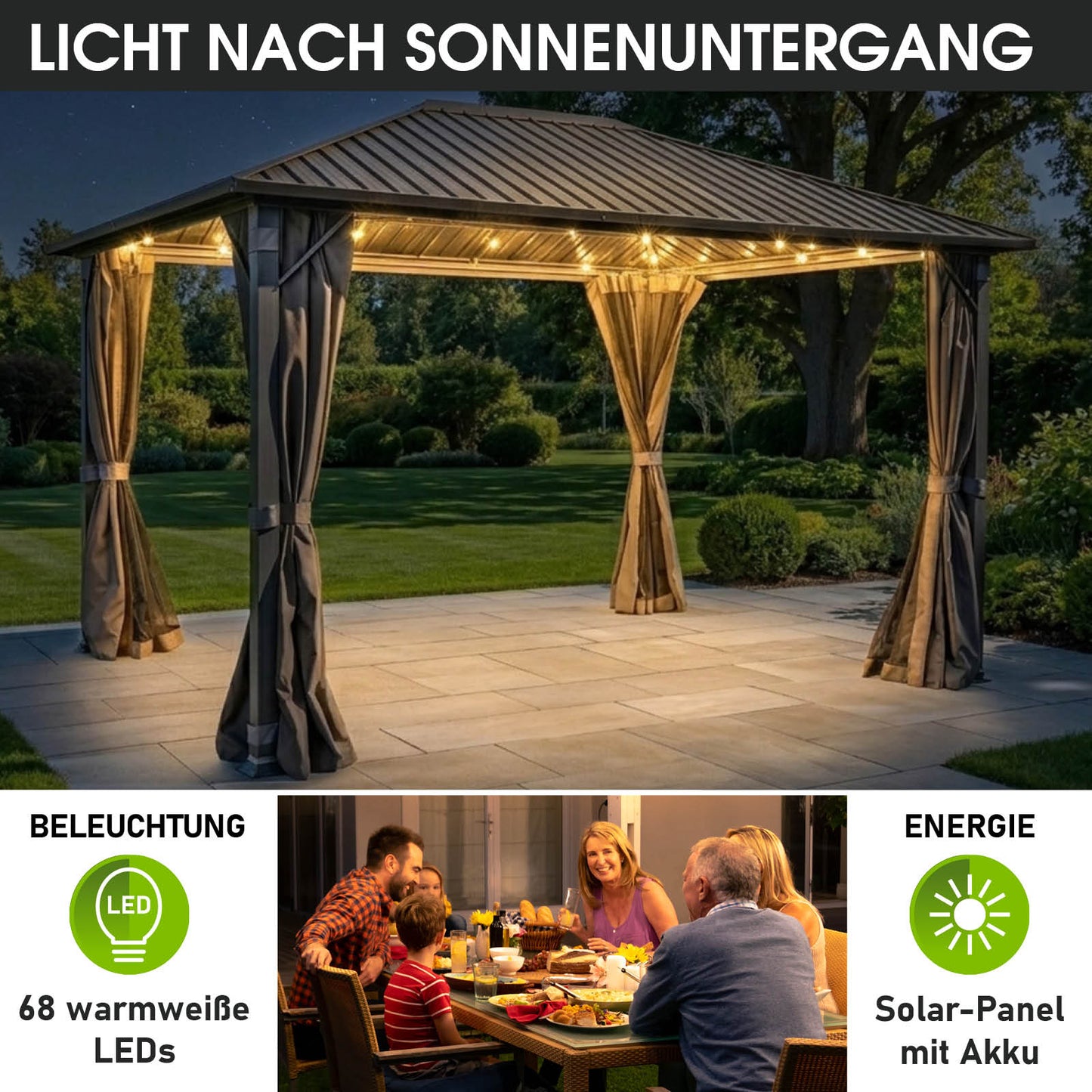 Alu Pavillon MIAMI mit Stahldach 3x4 inkl. LEDs