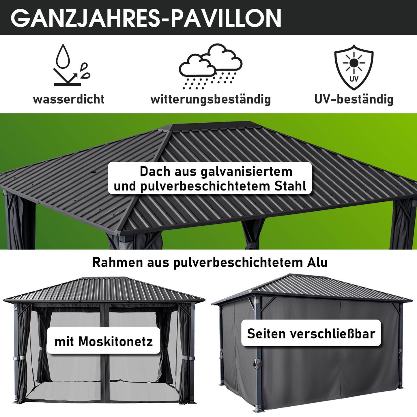 Alu Pavillon MIAMI mit Stahldach 3x4 inkl. LEDs