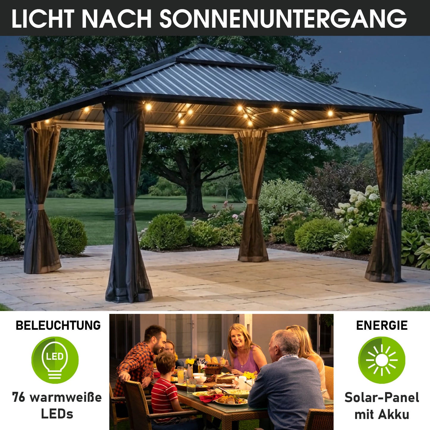 Alu Pavillon MIAMI mit Stahldach 4x4 inkl. LEDs