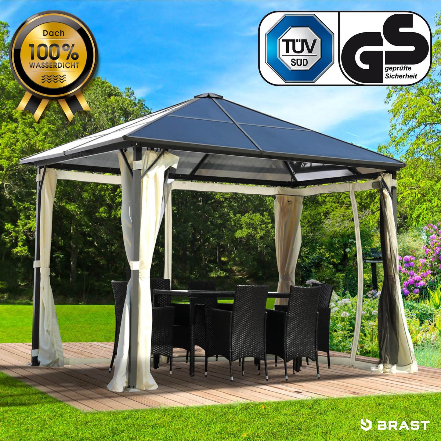 Beiger Alu Gartenpavillon 3x3m mit wasserdichtem, stabilem Dach, pavillon sturmfest und winterfest, ganzjährig nutzbar.