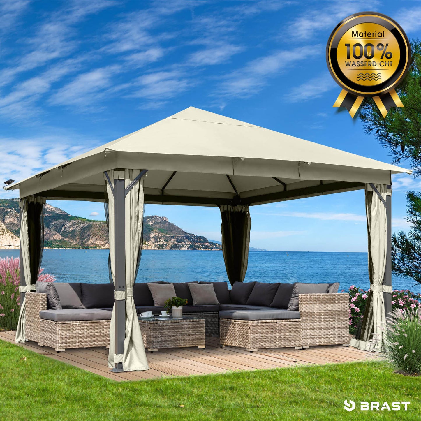 Beiger Gartenpavillon 3x4m aus Aluminium, wasserdicht, sturmfest, stabil und winterfest, ganzjährig nutzbar.