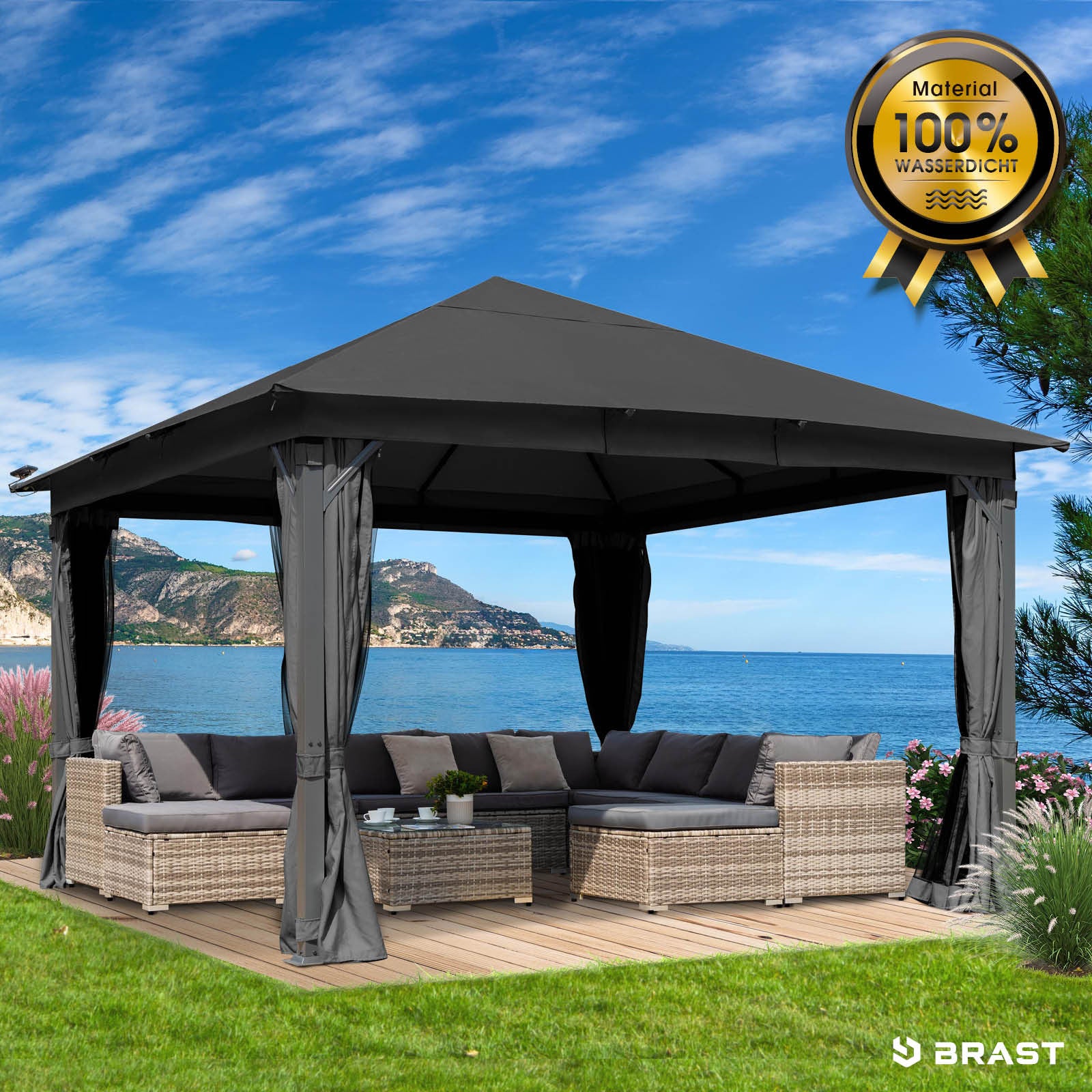 Dunkelgrauer Aluminium Gartenpavillon 3x4m mit stabilem, wasserdichtem Dach, ganzjährig winterfest und sturmfest.