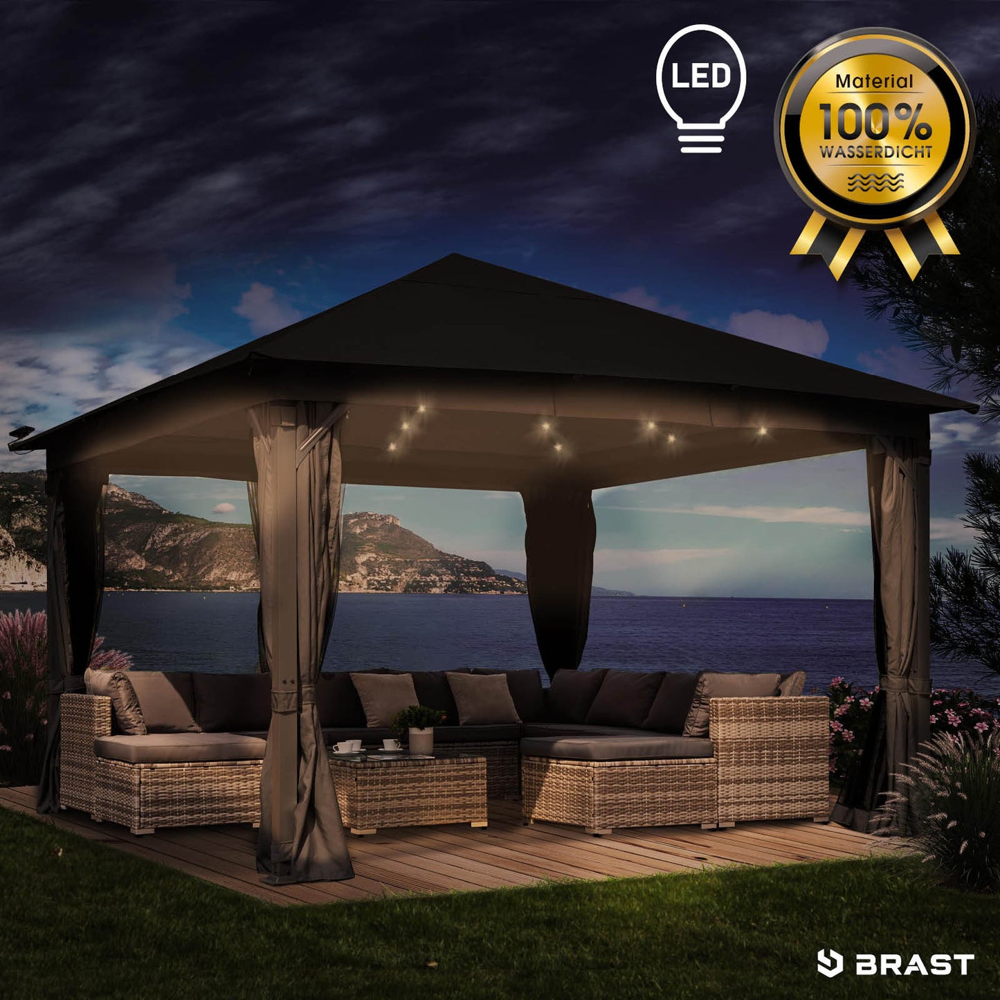Dunkelgrauer Aluminium-Gartenpavillon 3x4m mit LED-Beleuchtung, sturmfest, winterfest, wasserdicht und stabil, ganzjährig.