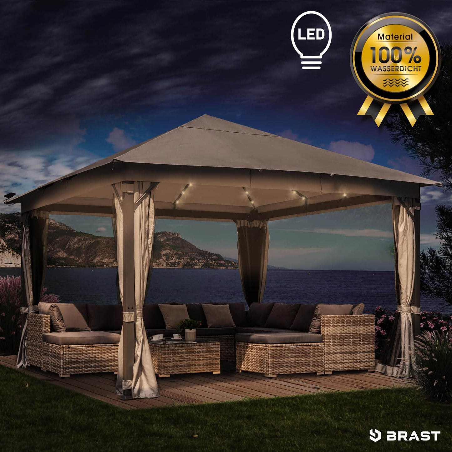 Hellgrauer Aluminium-Gartenpavillon 3x4m mit LED-Beleuchtung, wasserdicht, stabil, ganzjährig nutzbar, winterfest, sturmfest.