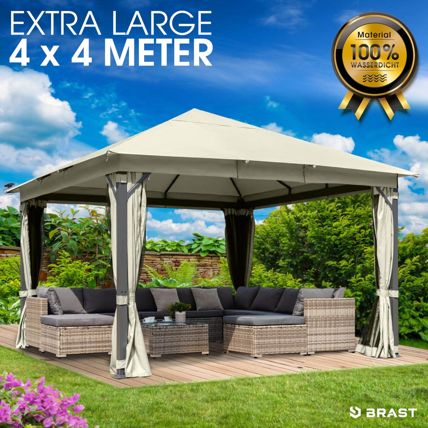 Beiger Aluminium-Gartenpavillon 4x4m mit wasserdach, sturmfest und winterfest, stabil und ganzjährig nutzbar.