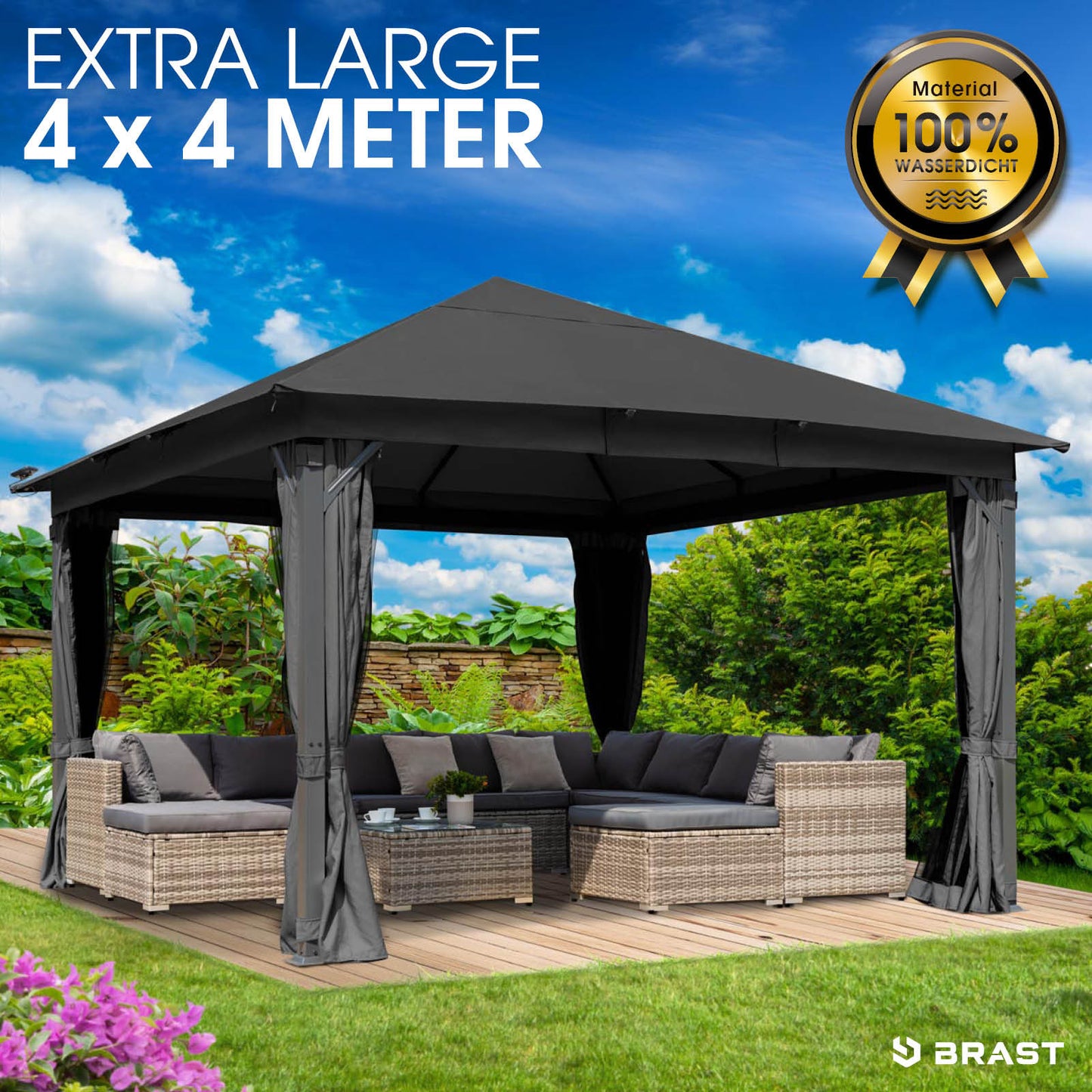 Dunkelgrauer 4x4m Aluminium Gartenpavillon mit wasserdichtem, stabilen Dach, sturmfest und winterfest, ganzjährig nutzbar.