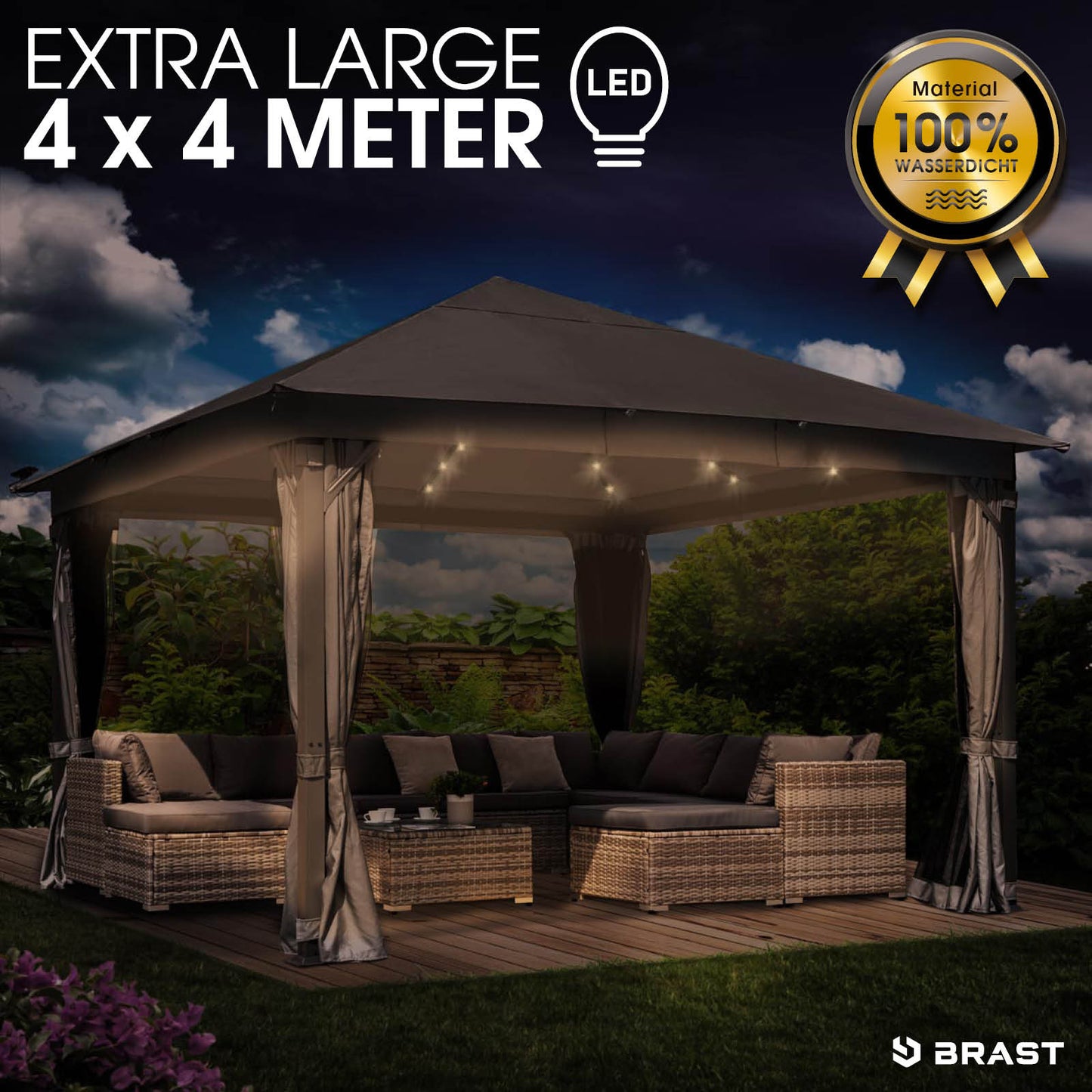 Dunkelgrauer Alu Gartenpavillon 4x4m mit LEDs, wasserdicht, stabil, sturmfest, winterfest, ganzjährig nutzbar.