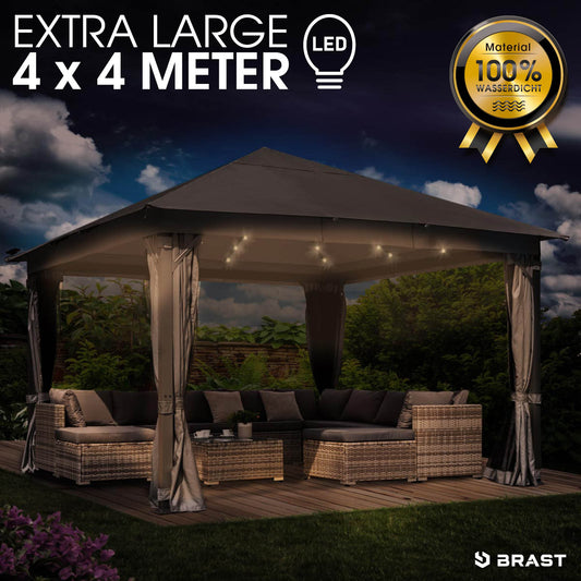 Dunkelgrauer Alu Gartenpavillon 4x4m mit LEDs, wasserdicht, stabil, sturmfest, winterfest, ganzjährig nutzbar.