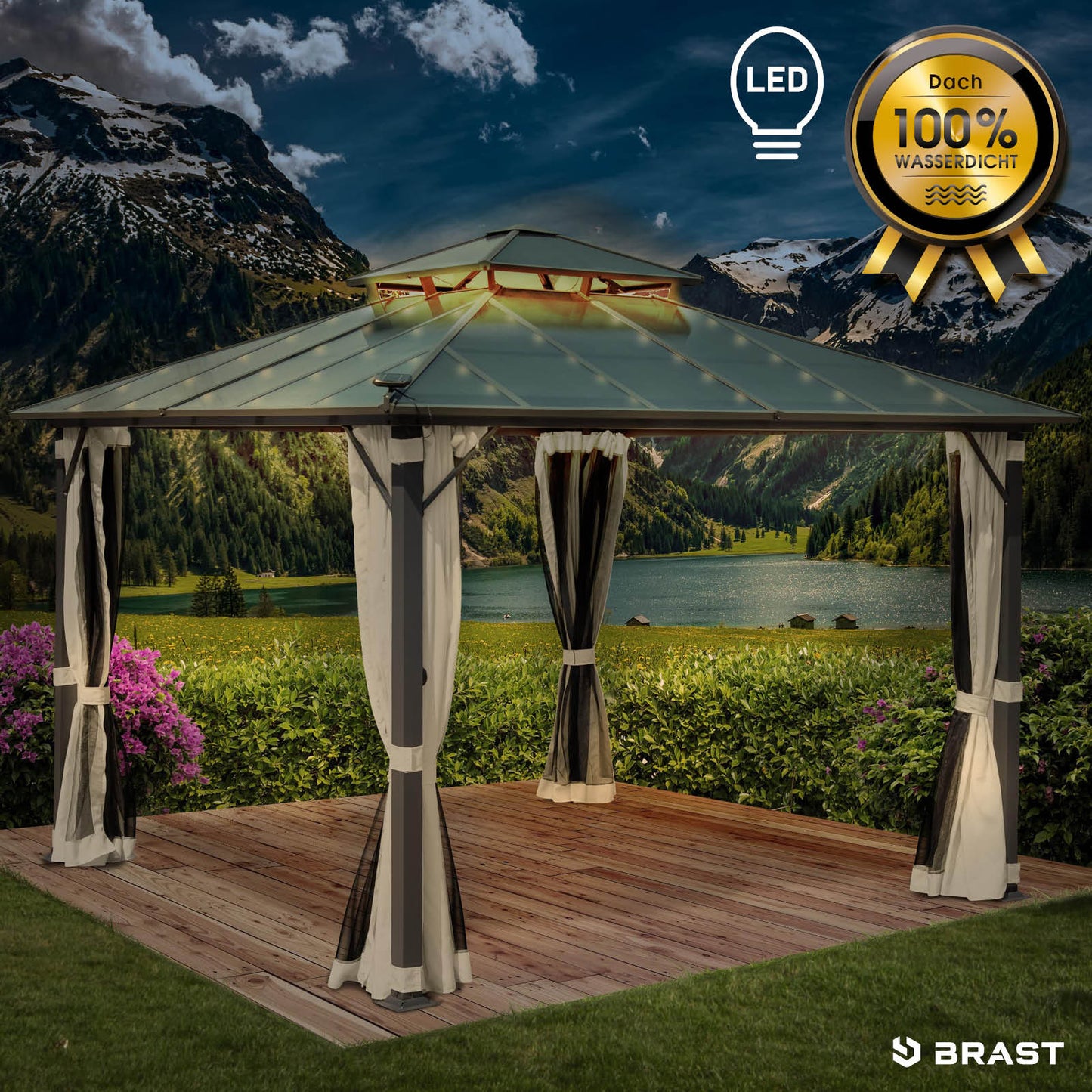 Beiger Alu Gartenpavillon 3,5x3,5m mit Moskitonetz, LED-Beleuchtung, sturmfest und winterfest.