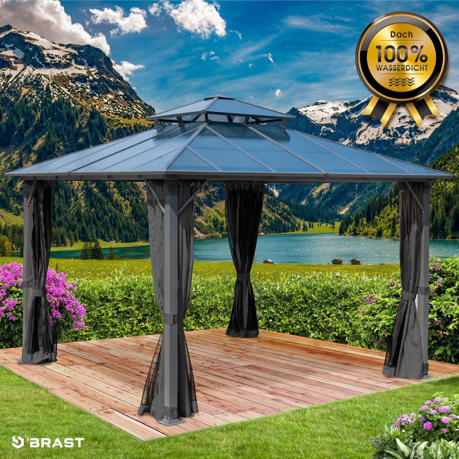 Dunkelgrauer Alu Gartenpavillon 3,5x3,5m mit Moskitonetz, sturmfest, wasserdicht und ganzjährig nutzbar.
