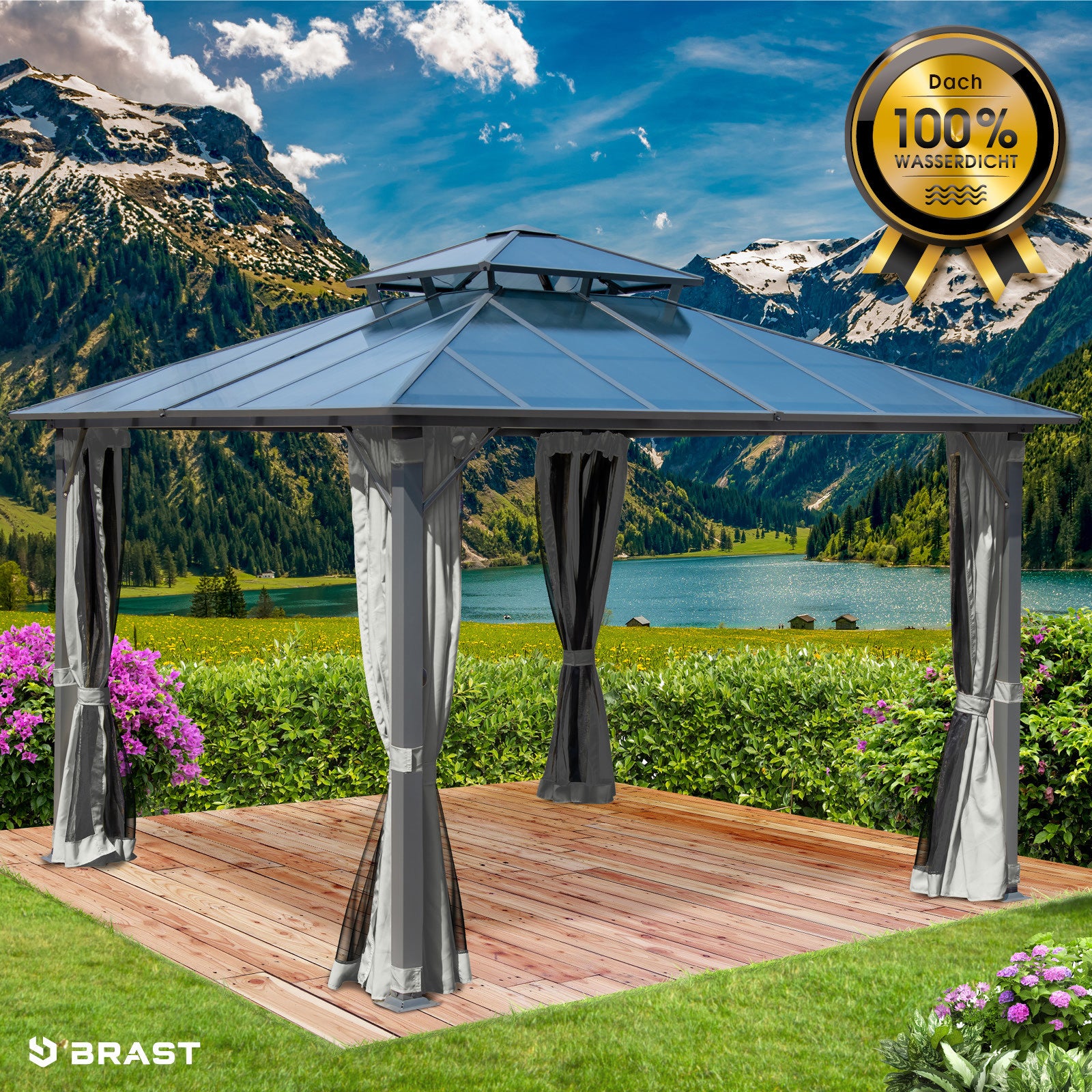 Hellgrauer Alu Gartenpavillon 3,5x3,5m mit Moskitonetz, sturmfest, wasserdicht, winterfest, ganzjährig stabil.