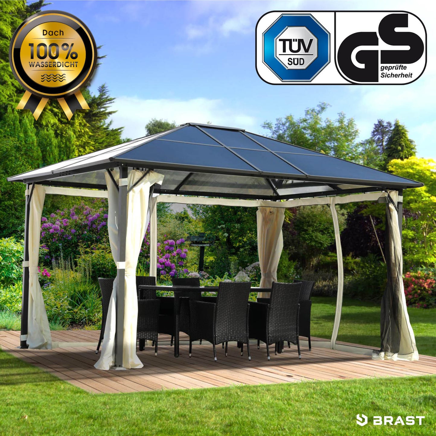 Beiger Aluminium Gartenpavillon 3x4m mit wasserdach, pavillon sturmfest, winterfest, ganzjährig stabil und wasserdicht.